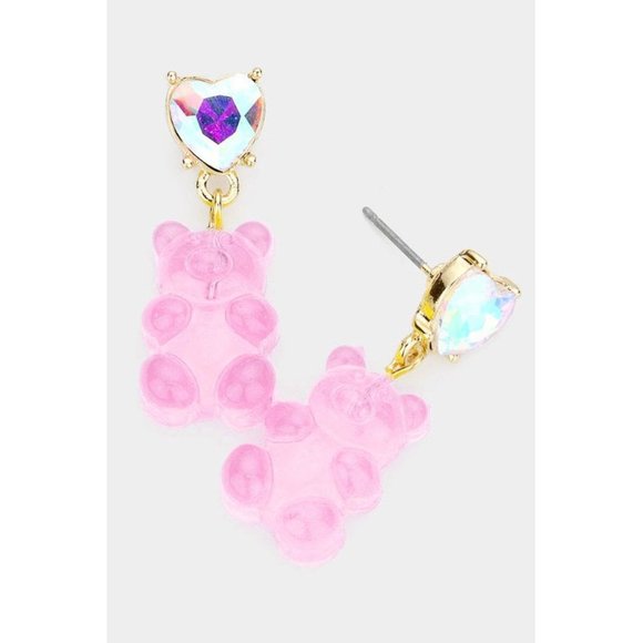 NEW Sparkly Ab Crystal Heart Stud Kawaii Dangle Clear Gummy Bear Drop Earrings - Picture 2 of 5